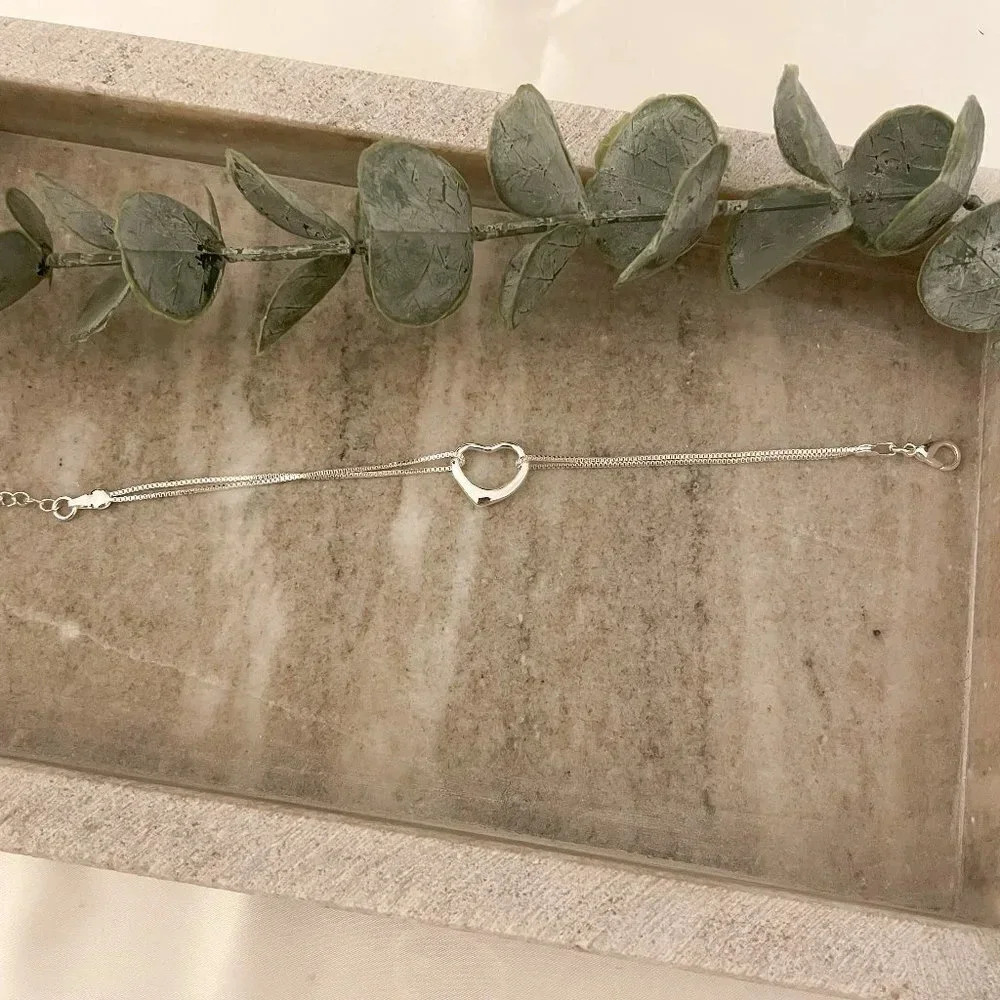 925 Sterling Silver Layer Heart Bracelet Dainty Minimalist Heart Bracelet - Picture 3 of 4